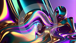 3d render, abstract background, iridescent holographic foil, metallic texture, ultraviolet wavy wallpaper, bright hue