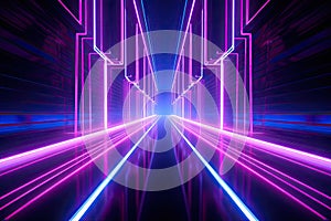 3d render, abstract background with neon lines, tunnel, corridor, 3d render pink blue neon lines geometric shapes, AI Generated