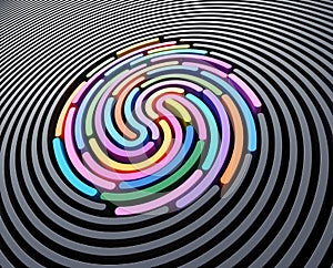 3D render abstract background of stylized fingerprint of smooth lines of spline gradient multicolor waves