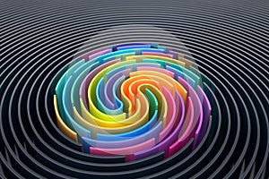 3D render abstract background of stylized fingerprint of smooth lines of spline gradient multicolor waves with dof.