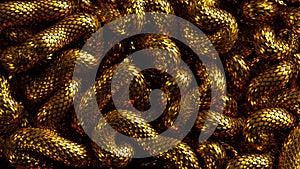 3d render, abstract background with tangled golden snakes, metallic scales texture.