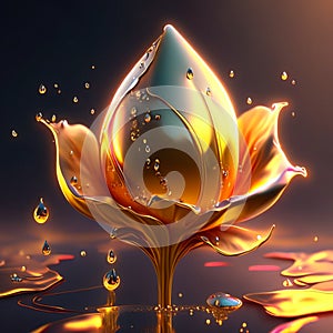 3d render, abstract background with water drops and golden flower. AI Generated