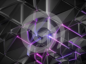 3d render, abstract black metallic faceted crystal background, pink blue glowing neon light, crystallized wallpaper, split mosaic