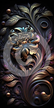 3D render of abstract colorful fractal background with embossed floral ornament on leather