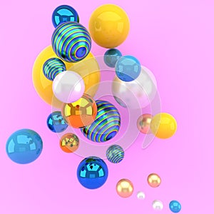 3d render, abstract colorful geometric background, multicolored balls, balloons, primitive shapes, minimalistic design