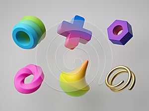 3d render, abstract colorful geometric shapes isolated on white background. Minimal modern concept, assorted design elements