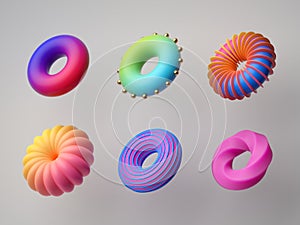 3d render, abstract colorful geometric shapes isolated on white background. Torus, donut. Minimal modern concept, assorted design