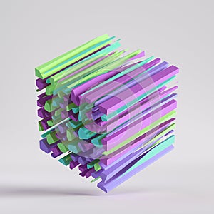 3d render, abstract colorful random shatter, cut polygonal pieces, broken cube. Green purple mosaic elements.
