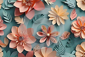 3d render, abstract cut paper flowers isolated on white, botanical background, festive floral arrangement. Rose, daisy, dahlia,