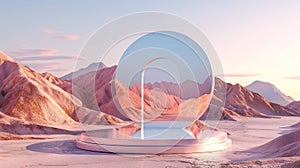 3D render of abstract desert background with mirror podium backdrop.