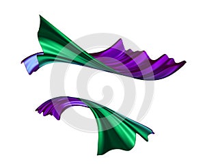 3d render, abstract drapery clip art isolated on white background, purple green fashion textile, levitating, flying.