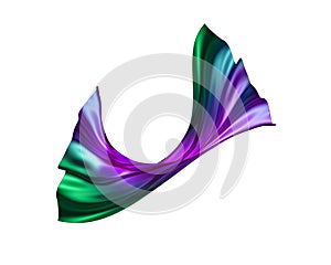 3d render, abstract drapery clip art isolated on white background, purple green fashion textile, levitating, flying. Silk cloth