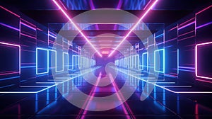 3D Render, abstract fantastic neon background with rays and glowing lines. Empty performance stage with reflection. Generative AI