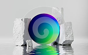 3d render, abstract geometric background with colorful iridescent round shape, broken white cobble stones, water reflection.