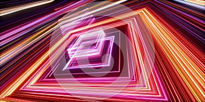3d render. Abstract geometric background of glowing square neon frames. Futuristic wallpaper