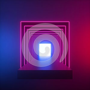 3d render, abstract geometric background, red blue neon light, long tunnel, square portal, modern minimal room, performance stage