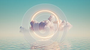 3d render, abstract geometric background, white cloud and glowing neon round frame. Illuminated cumulus.