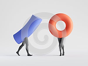 3d render, abstract geometric cartoon characters with mannequin legs, represent couple of a man and a woman symbols.