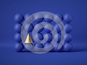 3d render, abstract geometric design: gold cone amongst blue balls isolated on blue background. Balance, gravity