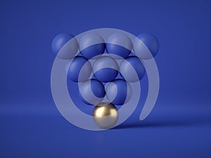 3d render, abstract geometric design: triangle of blue balls with one golden ball, isolated on blue background. Balance, gravity,
