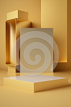 3d render of abstract geometric forms. Glossy golden podium for your design.