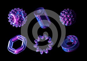 3d render, abstract geometric primitive shapes. Set of purple neon glass elements or icons isolated on black background. Glowing