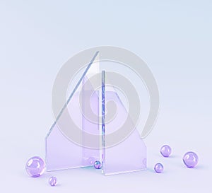 3d render abstract geometric purple background with glass triangle plates and water bubbles. Crystal transparent frame