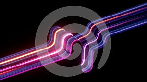 3d render, abstract geometric wallpaper of neon ultraviolet ribbon, pink violet blue glowing lines isolated on black background