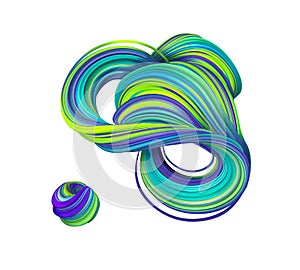 3d render, abstract green blue twisted mobius shape. Tangled strings and loops, colorful clip art isolated on white background