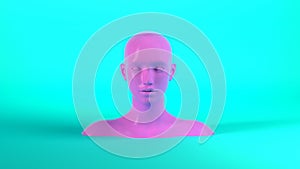 3d render of abstract mannequin female head on blue background. Fashion woman. Pink human face.