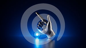 3d render, abstract metallic arm, index finger shows up, glass ball with neon light, isolated on dark blue background. Scientific