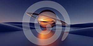 3d render. Abstract minimal background of fantastic sunset landscape, golden glossy ball, saturn planet, hills and reflection in