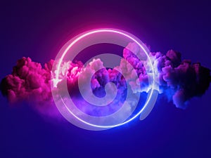 3d render, abstract minimal background, pink blue neon light round frame with copy space, illuminated stormy clouds, glowing ring