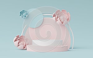 3d render of Abstract minimal  display podium for showing products, cosmetic presentation and mock up with pink and blue flower