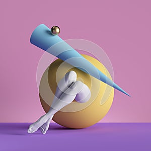 3d render, abstract minimal surreal contemporary art. Geometric concept, blue cone, yellow ball, white legs over pink background.