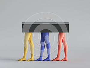 3d render, abstract minimal surreal fashion concept, funny contemporary art sculpture. Colorful human model legs.