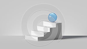 3d render, abstract minimalist background. Blue glass ball placed on white steps, isolated stairs. Career metaphor. Pedestal,