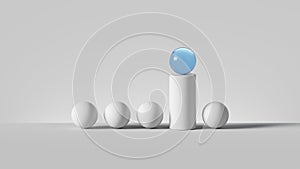 3d render, abstract minimalist geometric background. Blue glass ball on the top of white cylinder in the row of white balls.