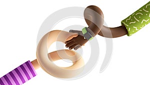 3d render abstract modern interracial relationship concept, cartoon twisted flexible caucasian and african hands