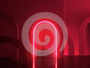 3d render, abstract modern red neon background. Shiny frame with copy space. Glowing round arch over cylinder podium