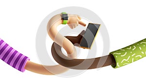 3d render abstract modern wireless technology concept, cartoon tangled elastic caucasian and african hands hold smartphone.