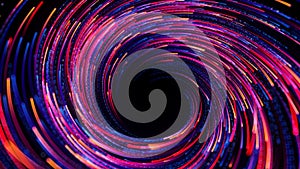 3d render. Abstract neon background. Black hole at the center of the vortex. Particles leave luminous traces. Fantastic wallpaper