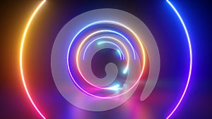 3d render, abstract neon background with colorful glowing round lines. Tunnel effect