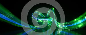 3d render. Abstract neon background. Fluorescent lines glowing in the dark room, floor reflection. Virtual dynamic curvy ribbon.