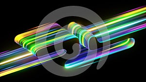 3d render, abstract neon background, multicolored iridescent folded ribbon, colorful glowing lines over black backdrop, digital