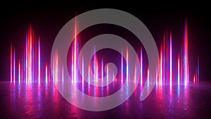 3d render, abstract neon background with red pink laser rays glowing in the dark. Vertical lines.