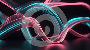 3d render, abstract neon background. Wavy glowing turquoise pink lines and bokeh lights