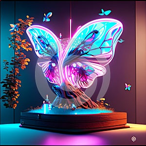 3d render, abstract neon light background. Glowing neon butterfly on turntable. Generative AI