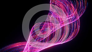 3d render. Abstract neon wallpaper. Chaotic vortex of glowing lines and particles isolated on black background. Digital data