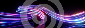 3d render. Abstract panoramic background of looped dynamic neon lines glowing in the dark room with floor reflection. Virtual